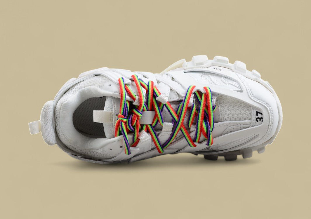 Balenciaga White Mesh Runner Sneaker with Rainbow Laces