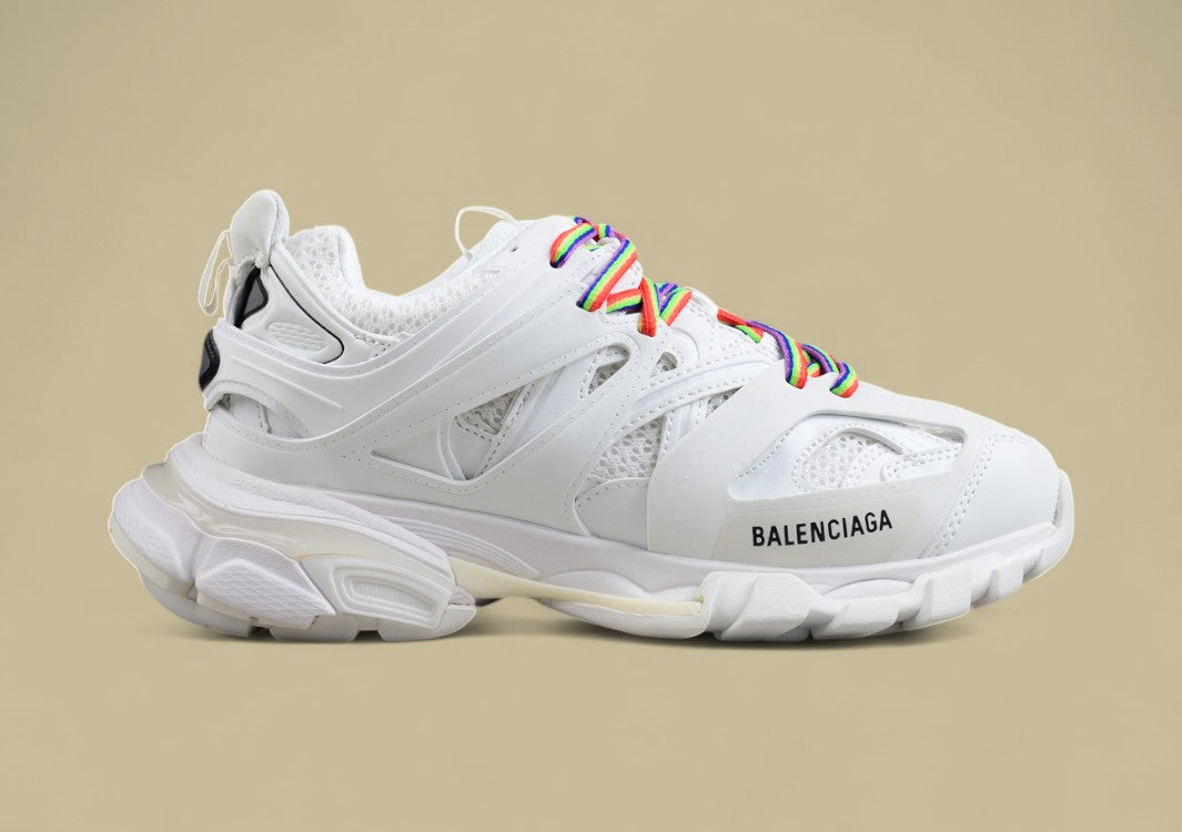 Balenciaga White Mesh Runner Sneaker with Rainbow Laces