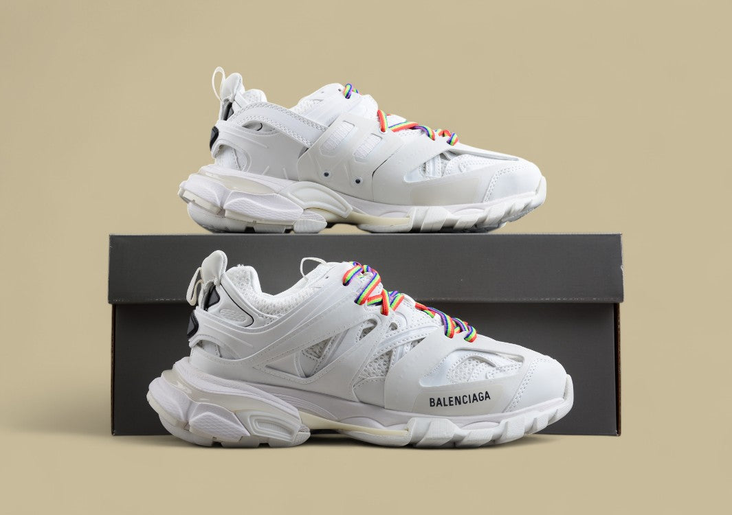 Balenciaga White Mesh Runner Sneaker with Rainbow Laces