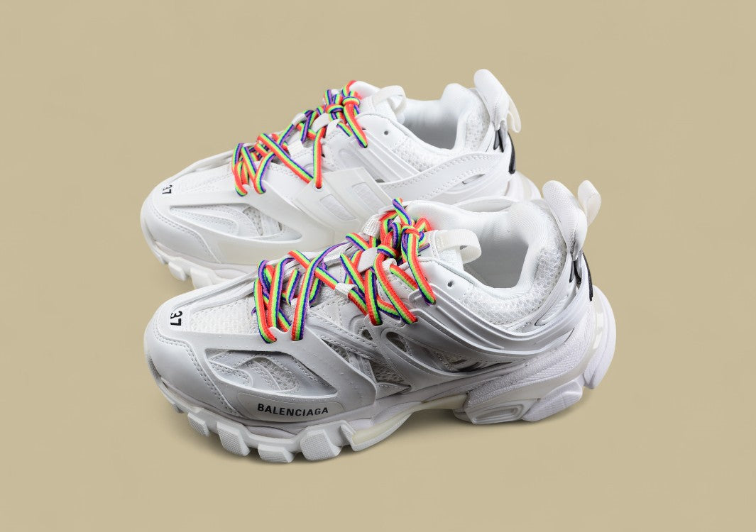 Balenciaga White Mesh Runner Sneaker with Rainbow Laces