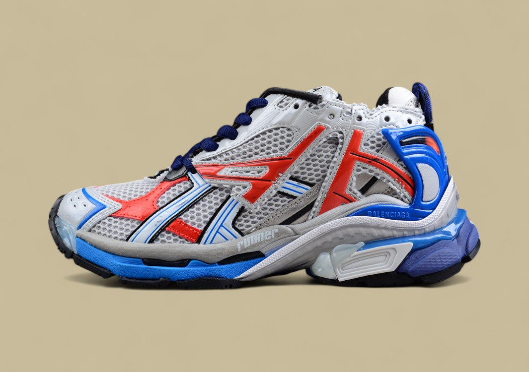 Balenciaga White Mesh Runner Sneaker with Red and Blue