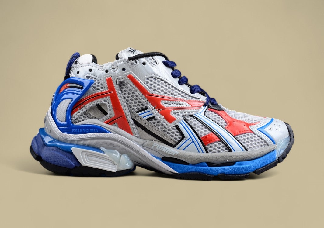 Balenciaga White Mesh Runner Sneaker with Red and Blue