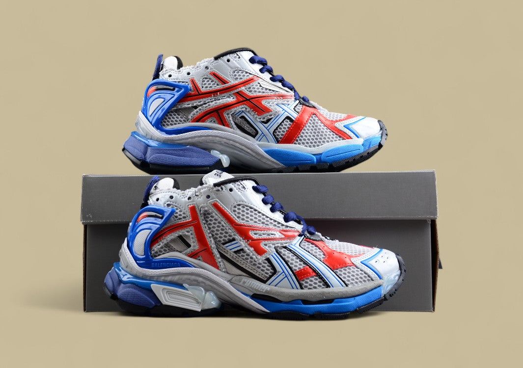 Balenciaga White Mesh Runner Sneaker with Red and Blue