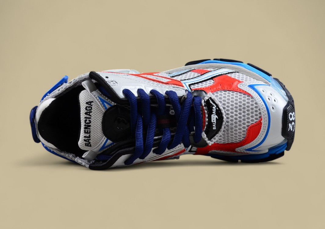 Balenciaga White Mesh Runner Sneaker with Red and Blue