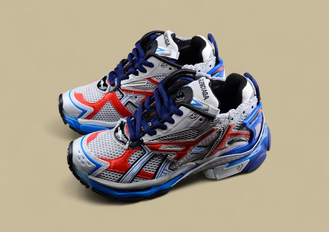 Balenciaga White Mesh Runner Sneaker with Red and Blue