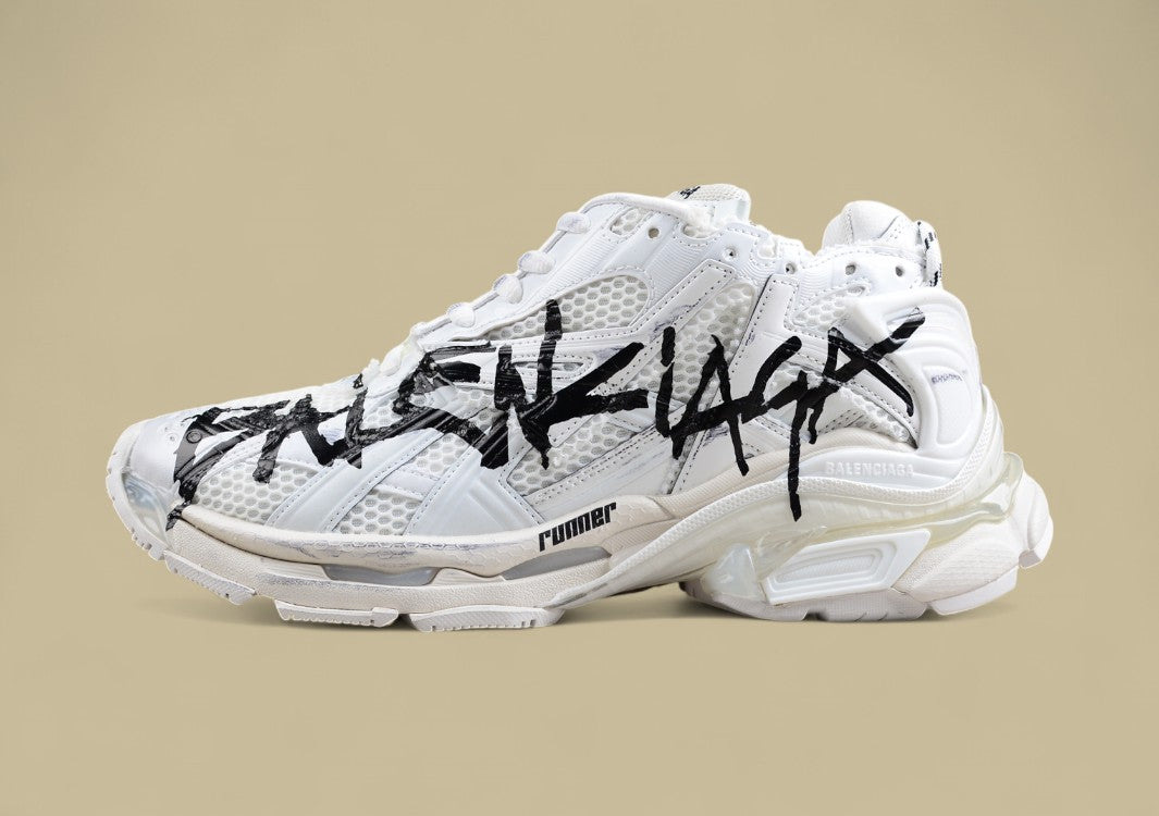 Balenciaga White Runner Sneaker with Graffiti Logo