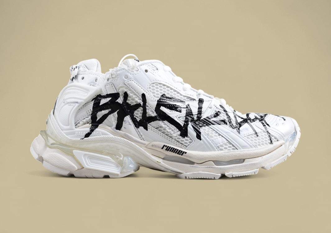 Balenciaga White Runner Sneaker with Graffiti Logo
