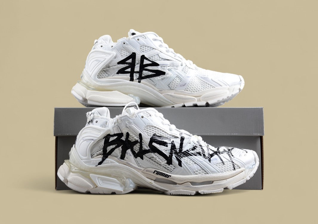 Balenciaga White Runner Sneaker with Graffiti Logo