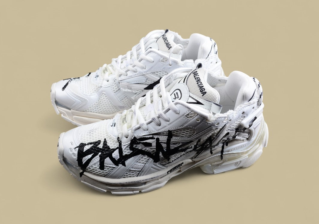 Balenciaga White Runner Sneaker with Graffiti Logo
