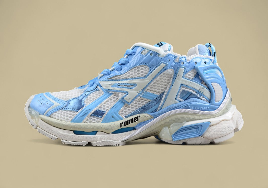 Balenciaga White and Light Blue Mesh Runner Sneaker