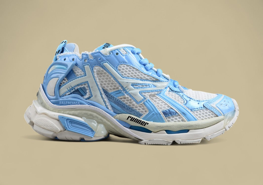 Balenciaga White and Light Blue Mesh Runner Sneaker