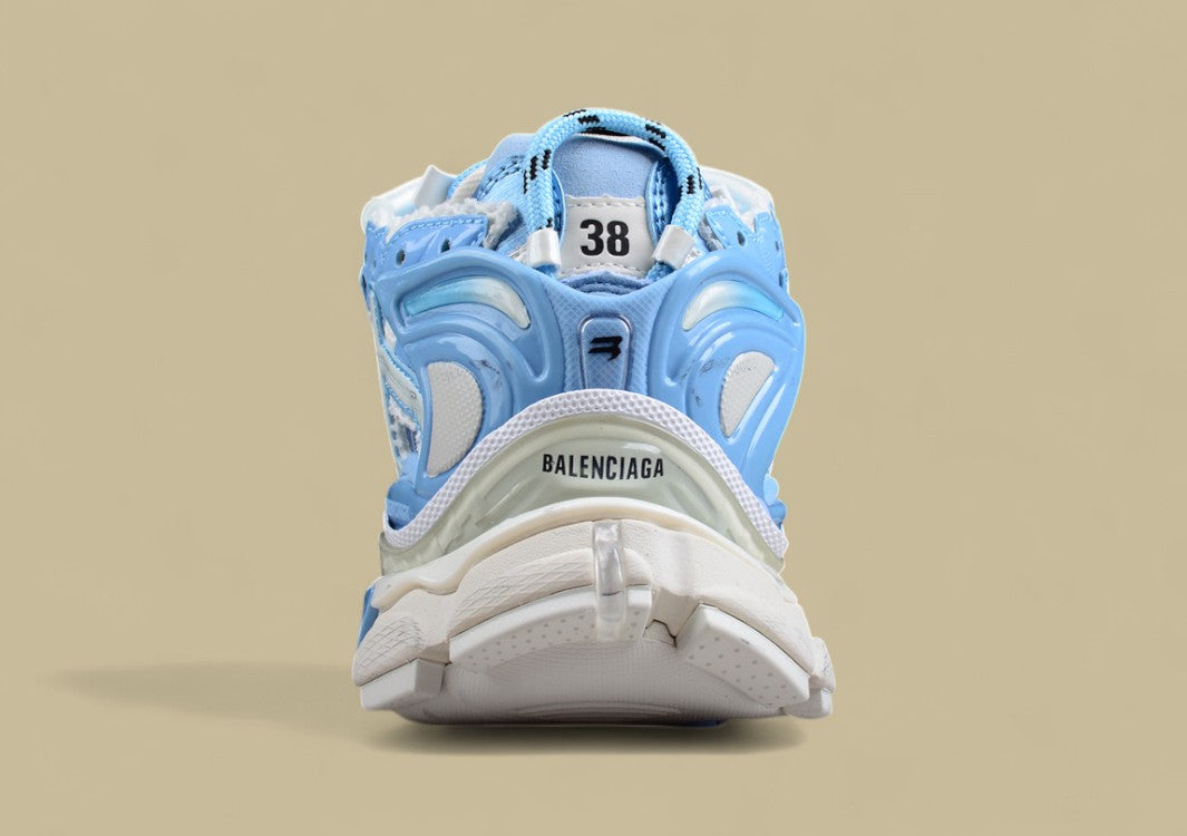 Balenciaga White and Light Blue Mesh Runner Sneaker