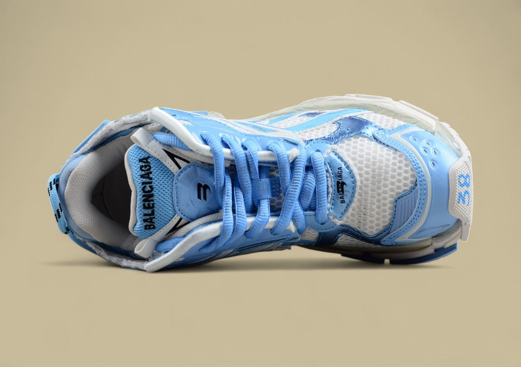 Balenciaga White and Light Blue Mesh Runner Sneaker