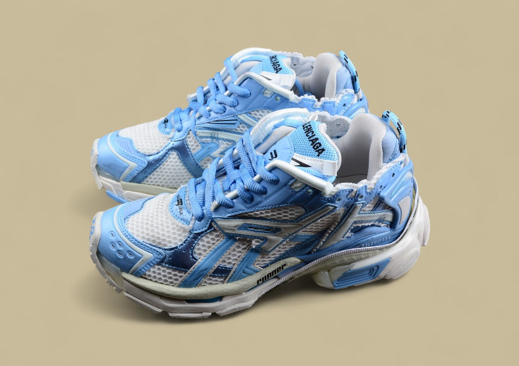 Balenciaga White and Light Blue Mesh Runner Sneaker