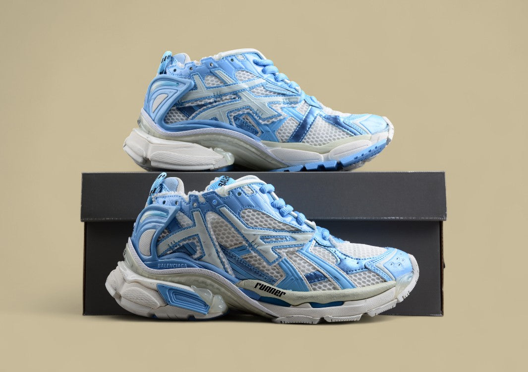 Balenciaga White and Light Blue Mesh Runner Sneaker