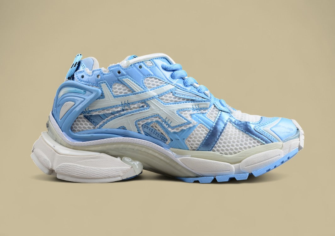 Balenciaga White and Light Blue Mesh Runner Sneaker