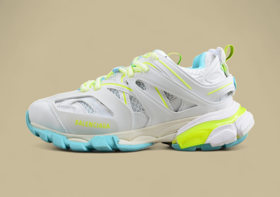 Balenciaga White and Neon Mesh Runner Sneaker
