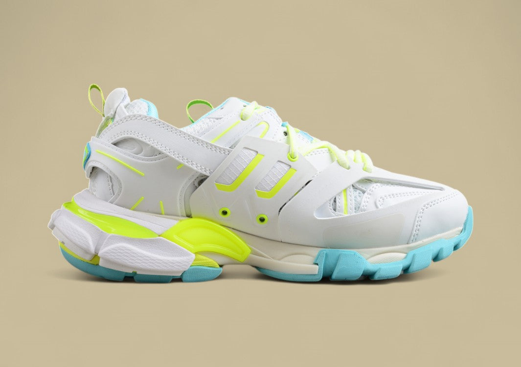 Balenciaga White and Neon Mesh Runner Sneaker