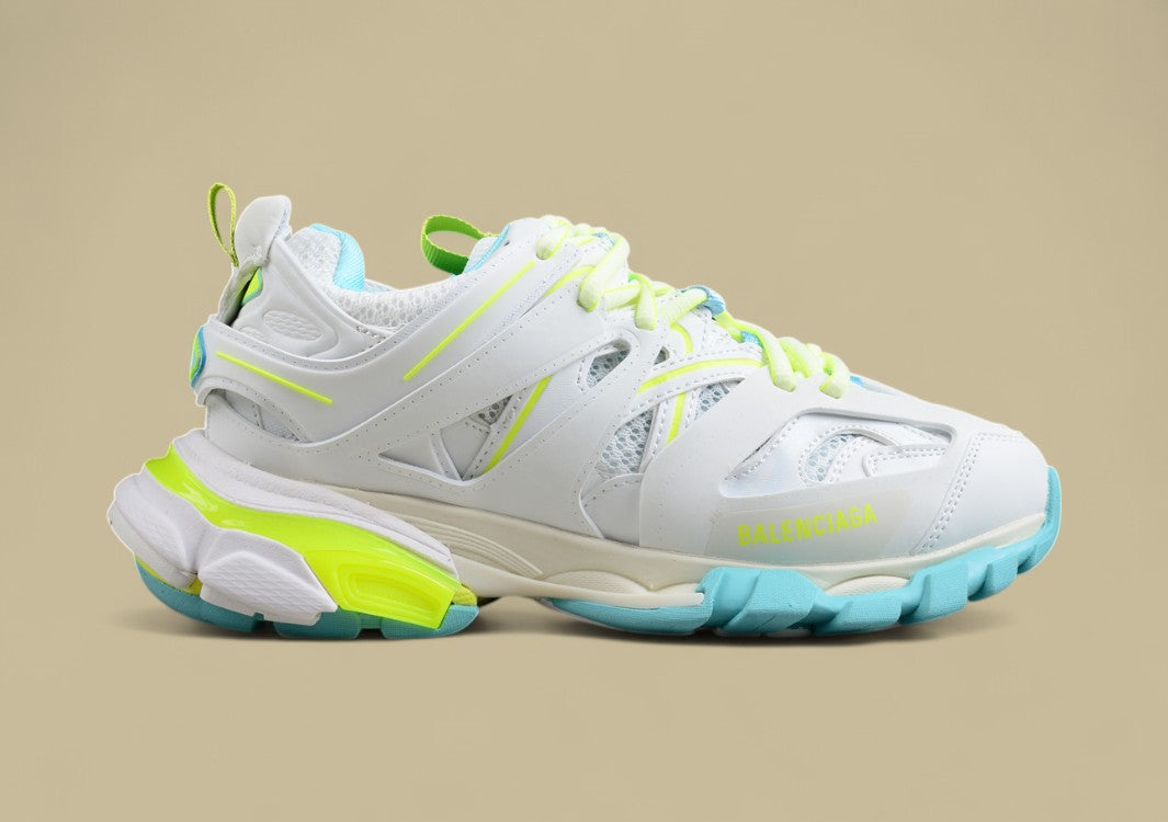Balenciaga White and Neon Mesh Runner Sneaker