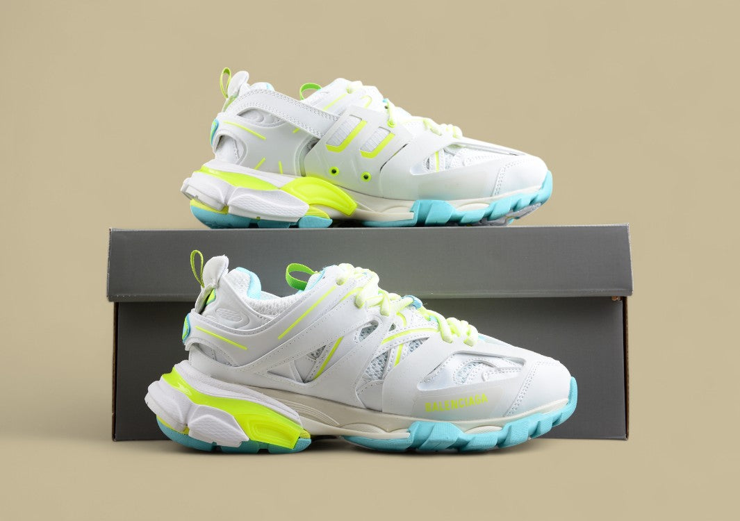 Balenciaga White and Neon Mesh Runner Sneaker