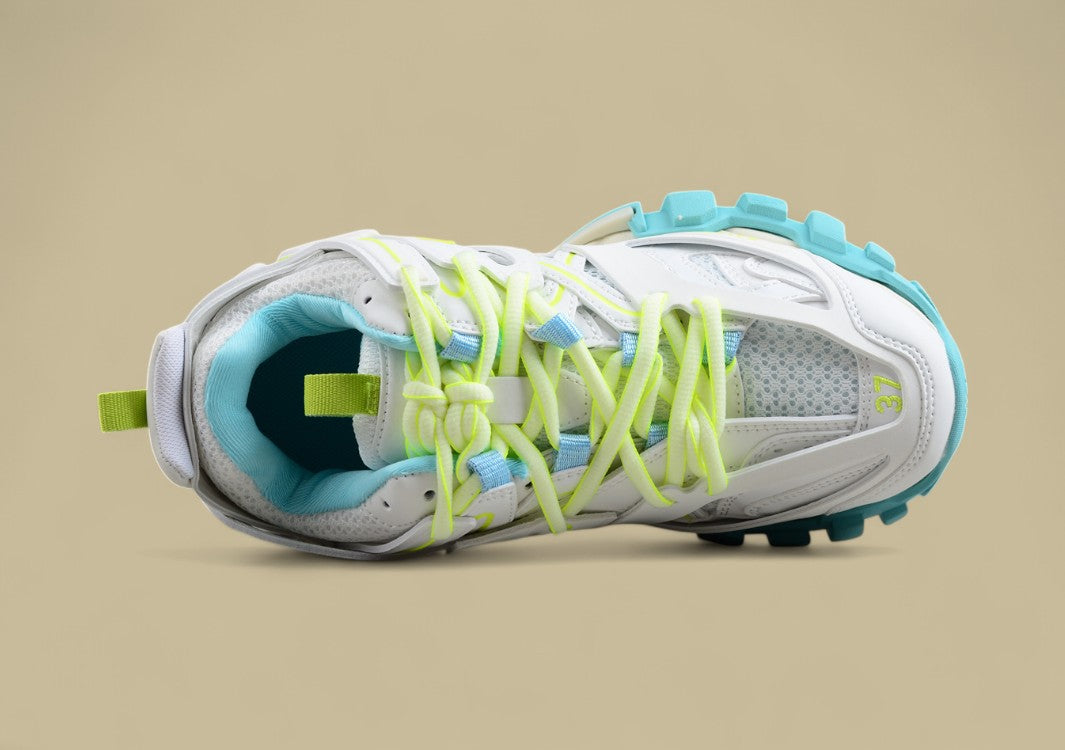 Balenciaga White and Neon Mesh Runner Sneaker