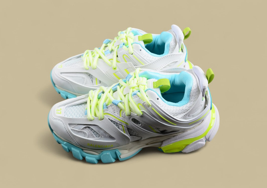 Balenciaga White and Neon Mesh Runner Sneaker