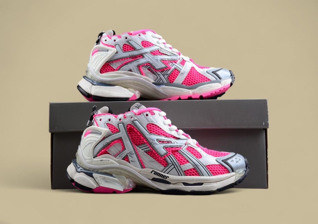 Balenciaga White and Pink Mesh Runner Sneaker
