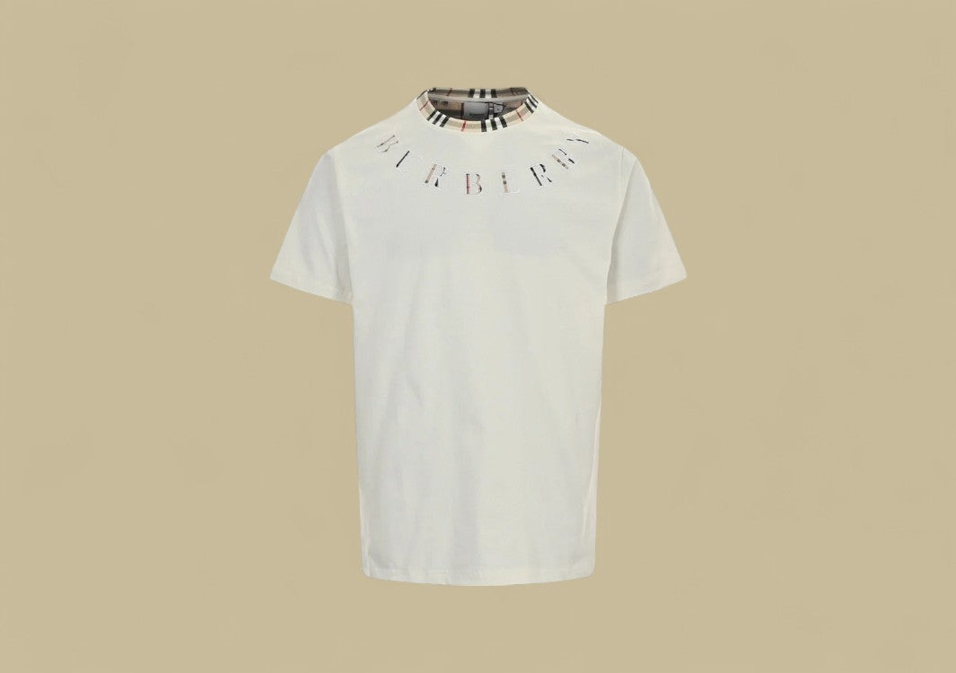 Burberry 24SS Plaid Neckline Embroidery Logo T-Shirt – White