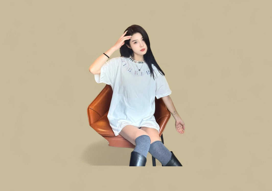 Burberry 24SS Plaid Neckline Embroidery Logo T-Shirt – White