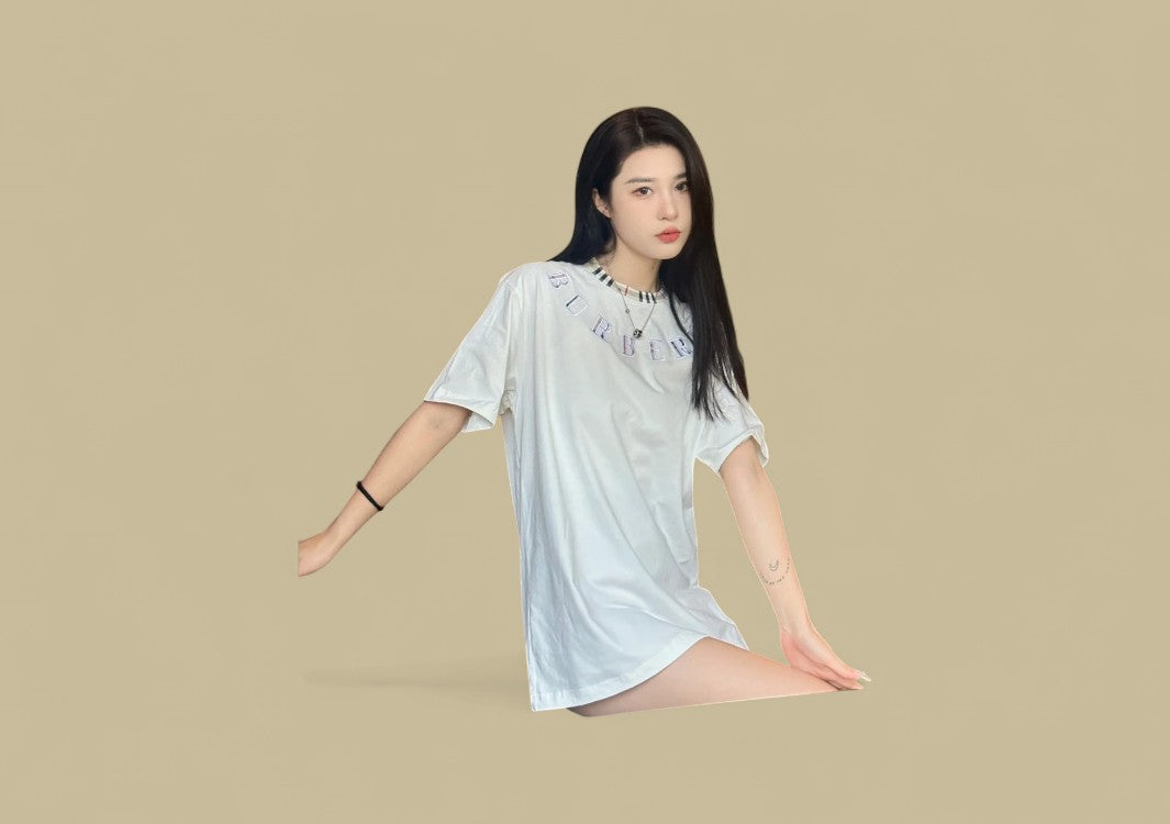 Burberry 24SS Plaid Neckline Embroidery Logo T-Shirt – White