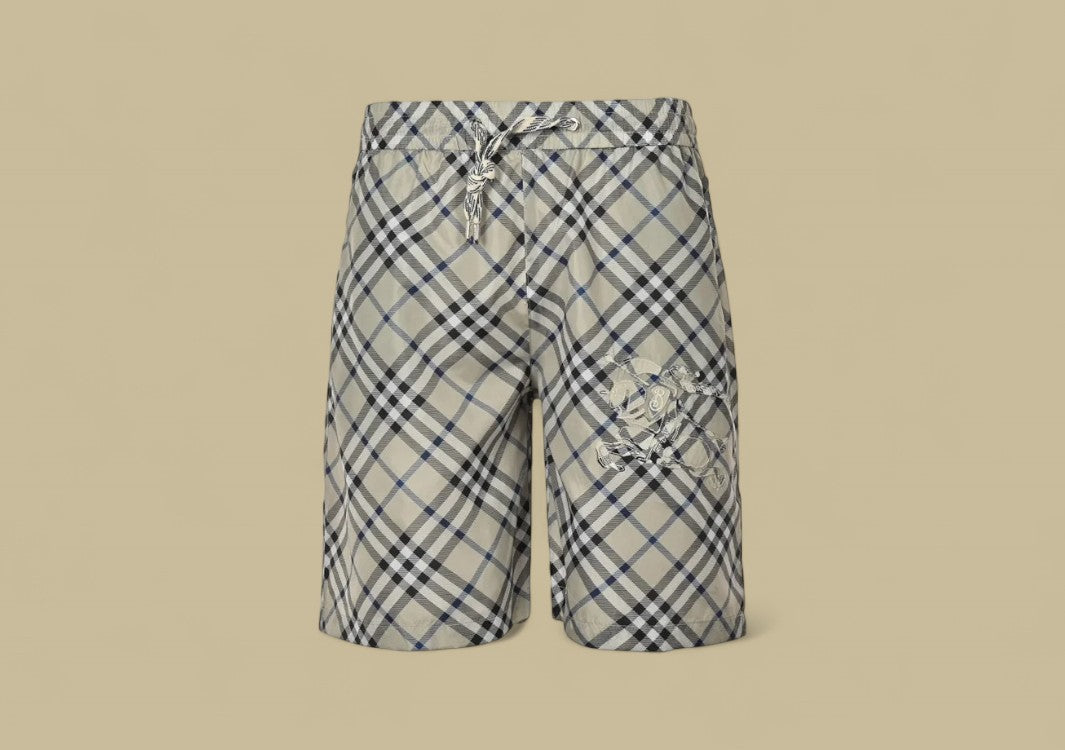 Burberry Embroidered Warhorse Logo Plaid Beach Shorts – Stone Check