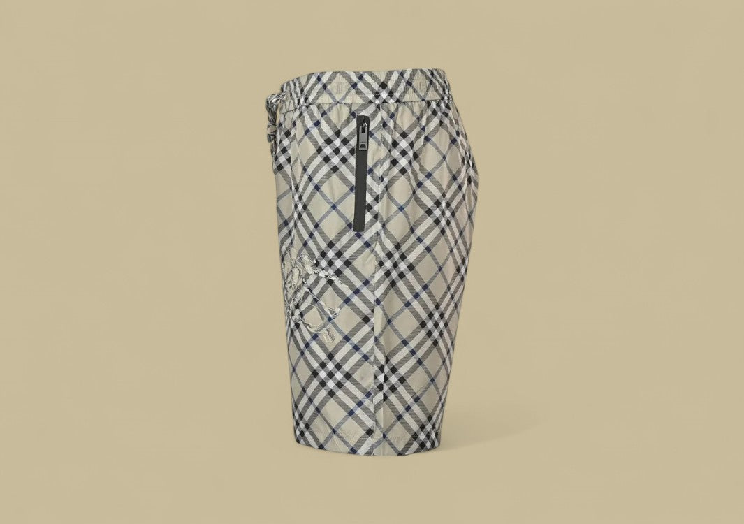 Burberry Embroidered Warhorse Logo Plaid Beach Shorts – Stone Check
