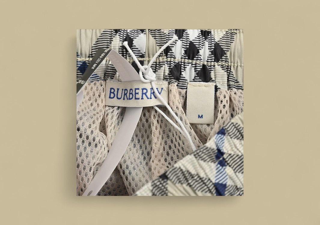 Burberry Embroidered Warhorse Logo Plaid Beach Shorts – Stone Check