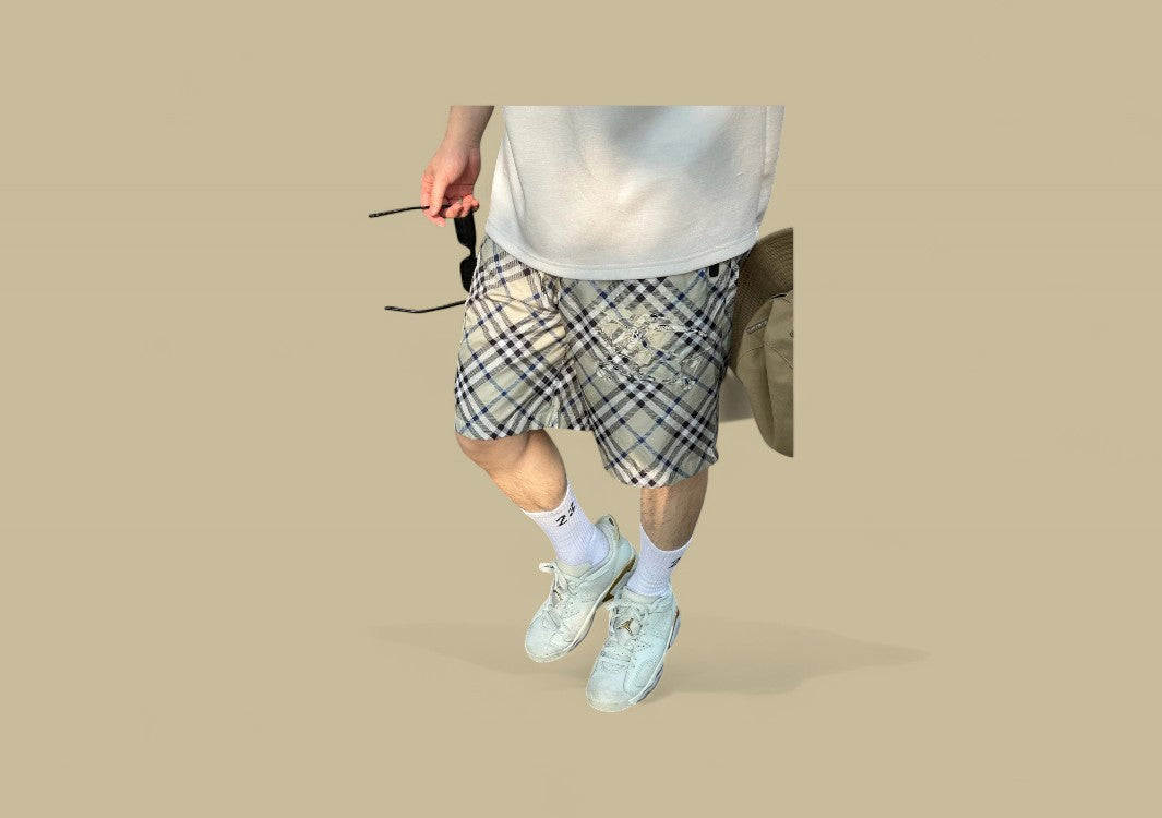 Burberry Embroidered Warhorse Logo Plaid Beach Shorts – Stone Check