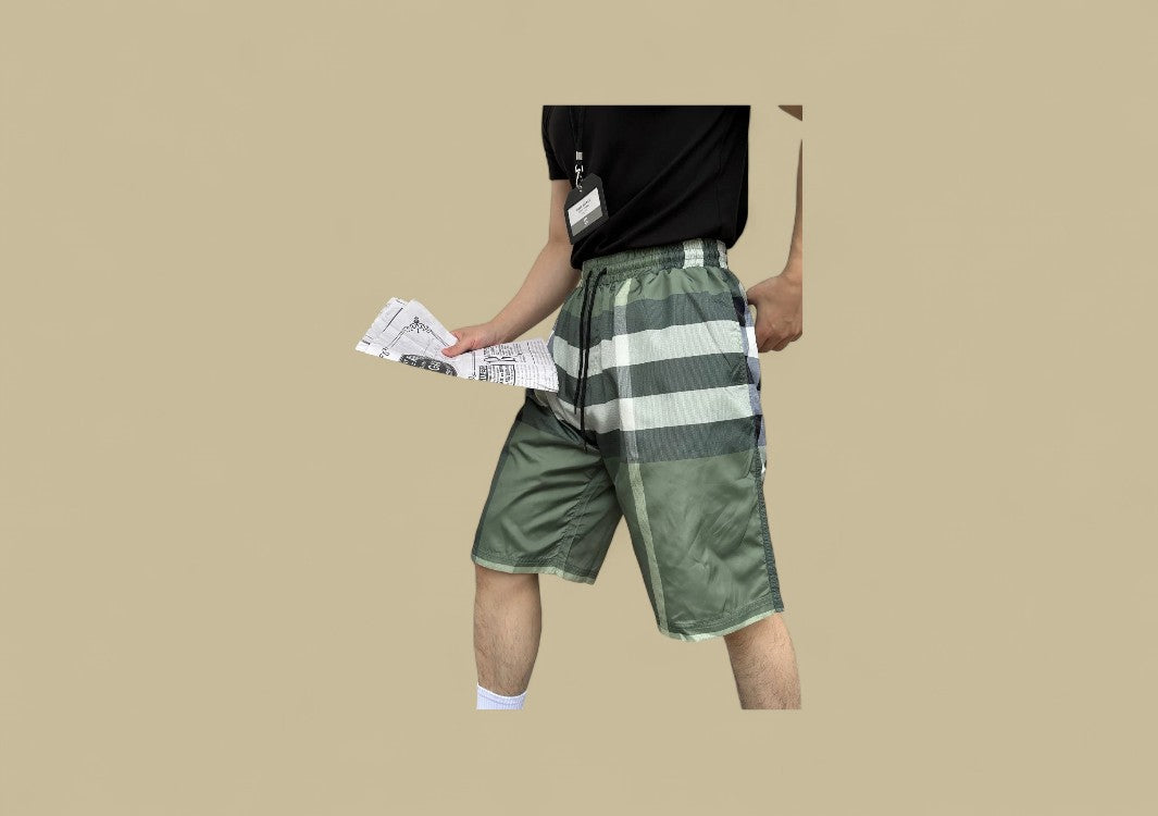 Burberry Stripe Plaid Beach Shorts – Green Check Pattern