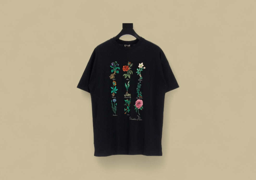 Dior Botanical Specimen Graphic T-Shirt – CD Floral Illustration (Black)