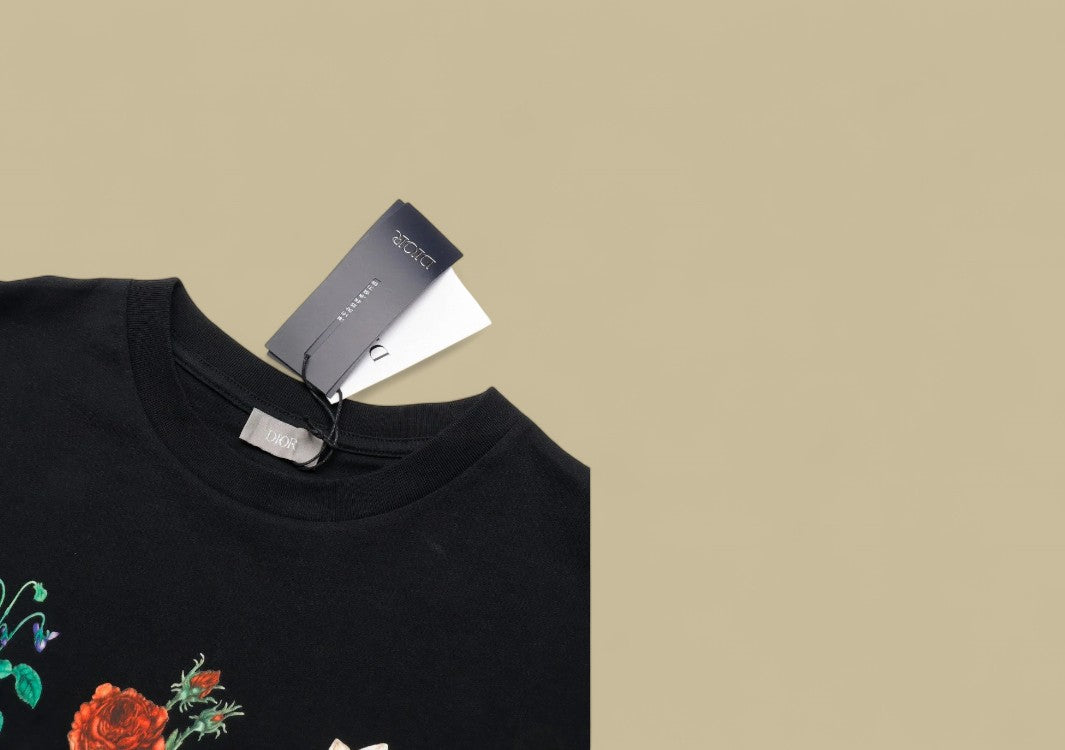 Dior Botanical Specimen Graphic T-Shirt – CD Floral Illustration (Black)