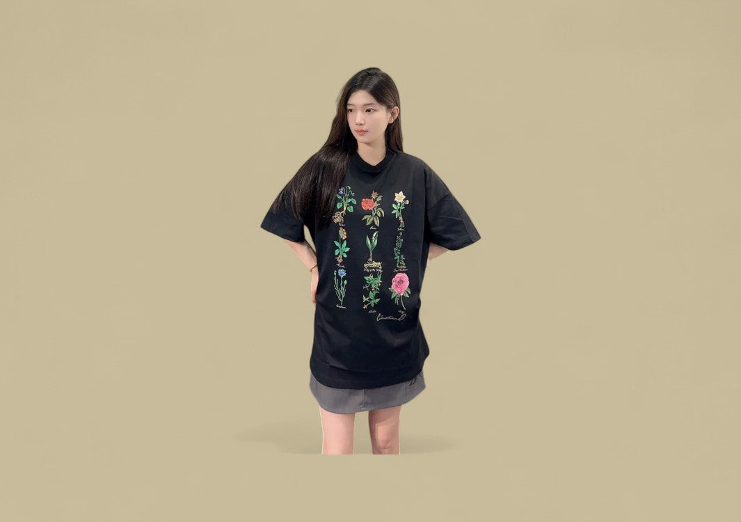 Dior Botanical Specimen Graphic T-Shirt – CD Floral Illustration (Black)