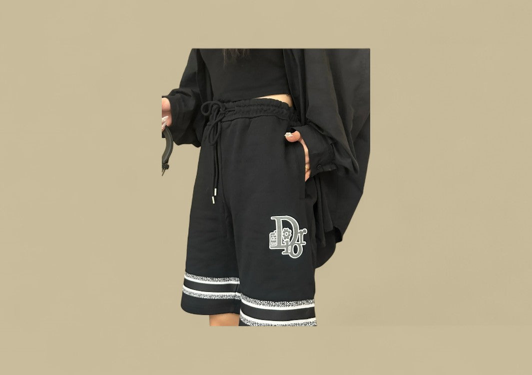 Dior Bottom Contrast Embroidery Logo Shorts – Black White/Trim
