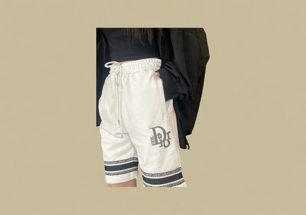 Dior Bottom Contrast Embroidery Logo Shorts – White/Black Trim
