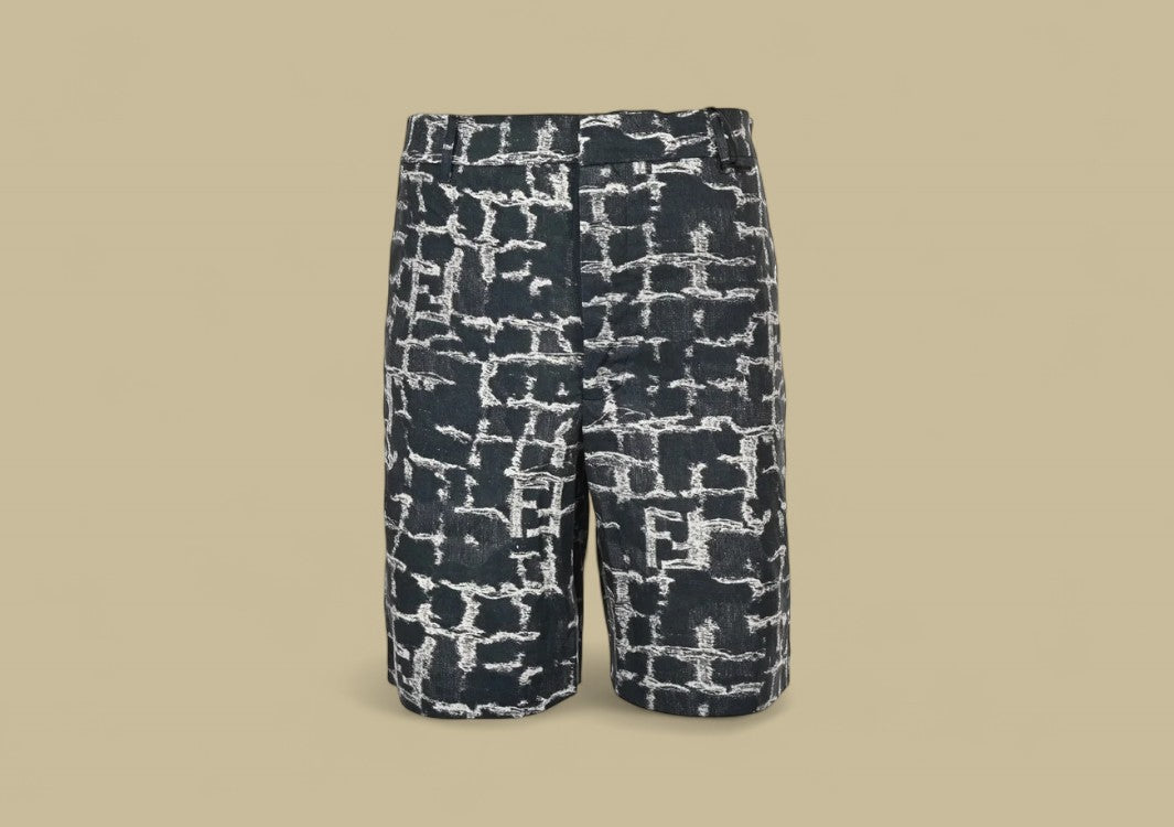 Fendi 24SS Square Grid FF Logo Flax Tassel Shorts Breezy Texture with Signature Detailing