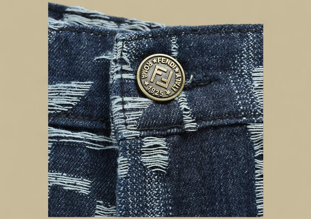 Fendi Tie-Dye Jacquard Logo Denim Shorts Artistic Wash Meets Textured Monogram Style