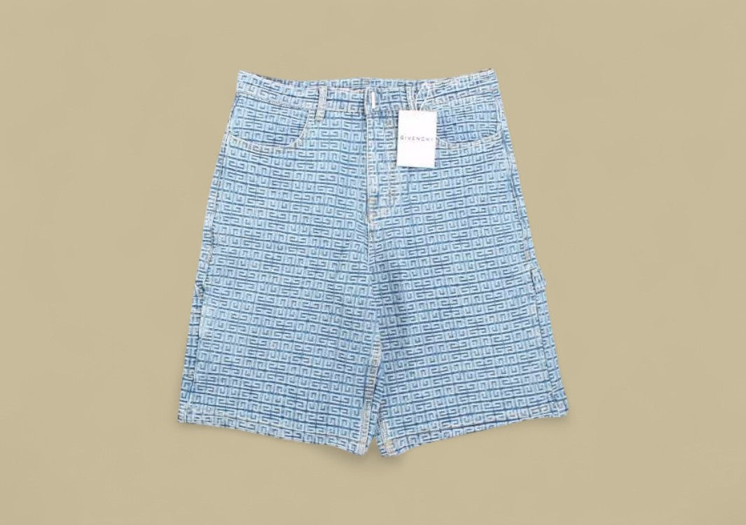 Givenchy 23SS 4G Full GG Logo Jacquard Weave Denim Shorts – Light Blue