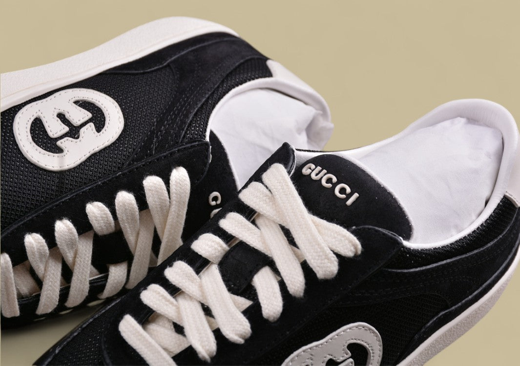 Gucci Black Retro Sneakers Classic Low-Tops with Bold White GG Logo