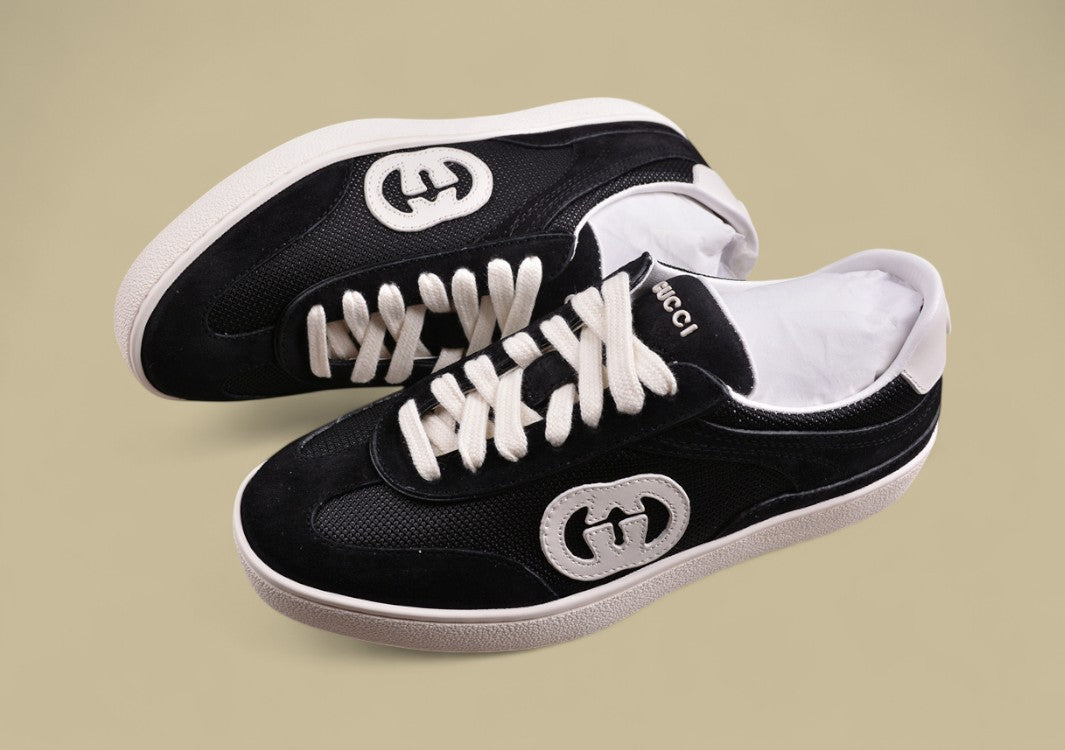 Gucci Black Retro Sneakers Classic Low-Tops with Bold White GG Logo