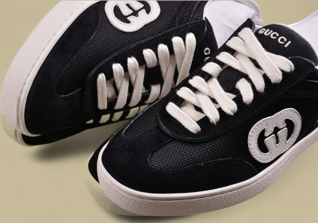 Gucci Black Retro Sneakers Classic Low-Tops with Bold White GG Logo