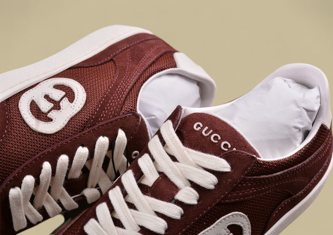 Gucci Burgundy Retro Sneakers Vintage Low-Tops with Bold Contrast Logo