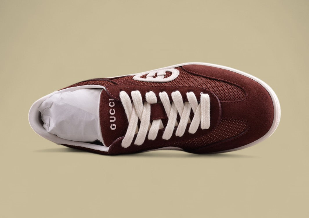Gucci Burgundy Retro Sneakers Vintage Low-Tops with Bold Contrast Logo