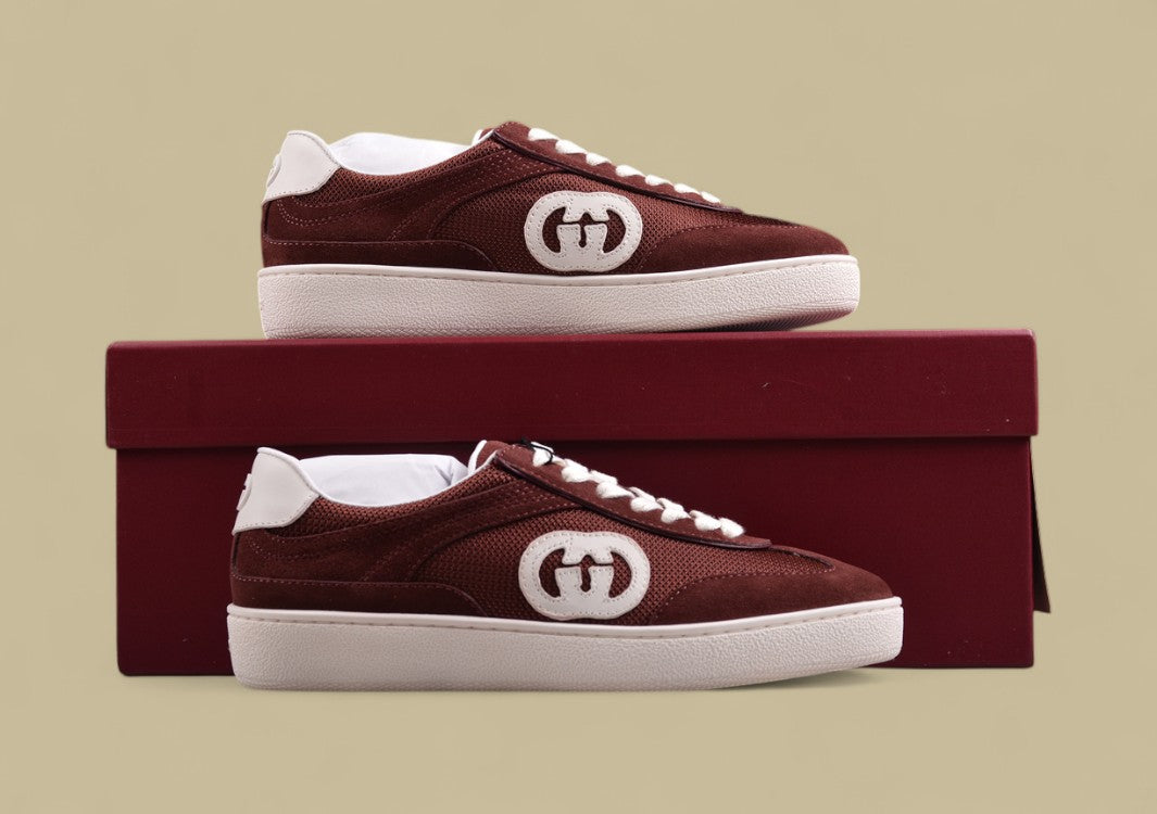 Gucci Burgundy Retro Sneakers Vintage Low-Tops with Bold Contrast Logo