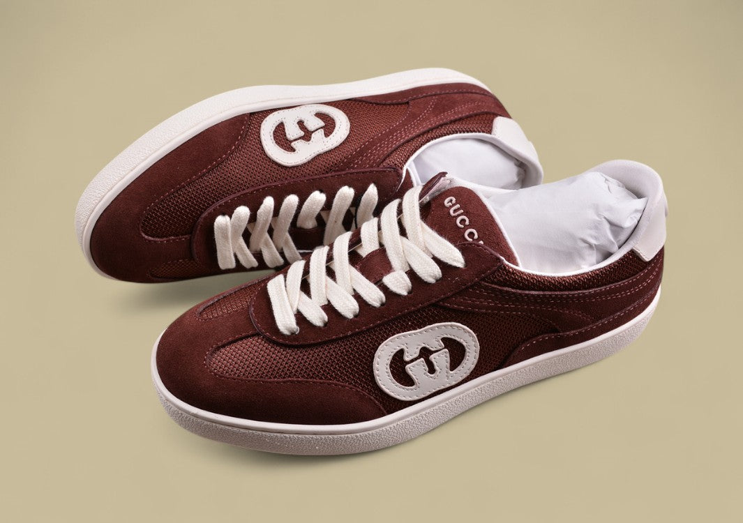 Gucci Burgundy Retro Sneakers Vintage Low-Tops with Bold Contrast Logo